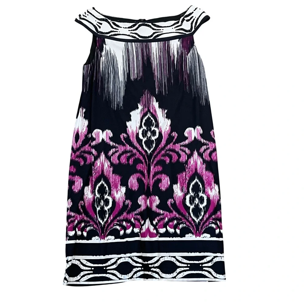 Adrianna Papell Black White Women Sheath Dress 14 Purple Abstract Damask Print
